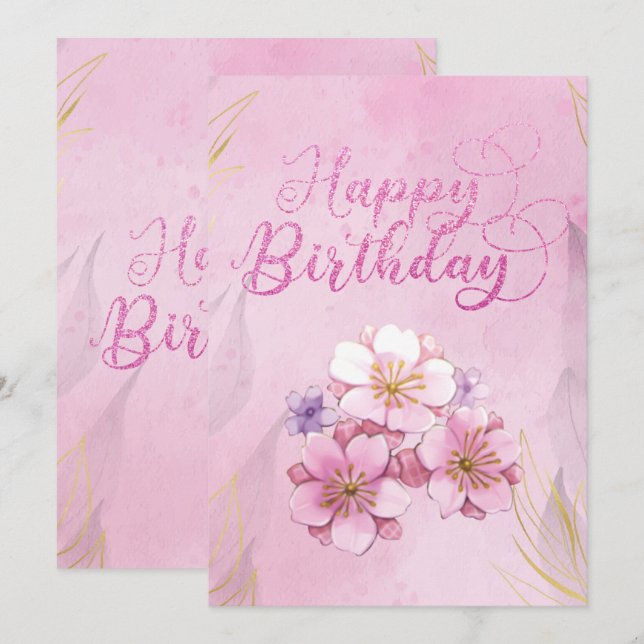 Carte Plat Anniversaire Rose Floral (Devant / Derrière)