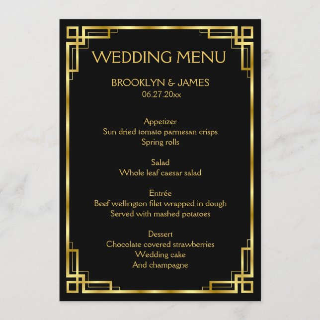 Carte Plat Art Déco Mariage Noir Et Or (Devant)
