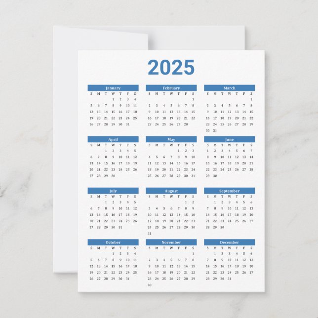 Carte Plat Calendrier 2025 Bleu et Blanc USA (Devant)