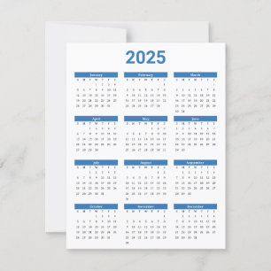Carte Plat Calendrier 2025 Bleu et Blanc USA