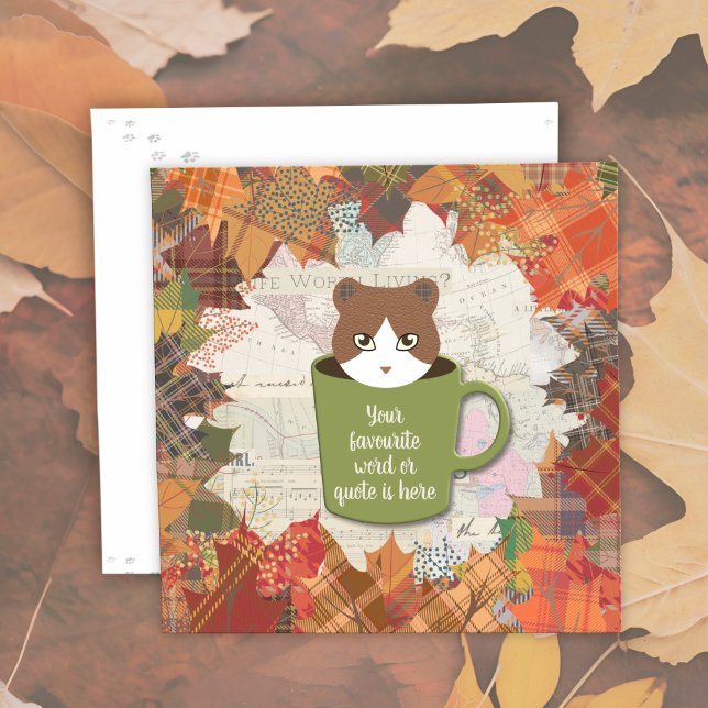 Carte Plat Chat Automne (Fall Break Cat Flat Cards are on the ground with fallen leaves.)