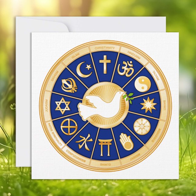 Carte plat Dove of Peace 5,25 pouces x 5,25 pouces (Dove of Peace. Gold icons of world faiths surround the Dove of Peace.)