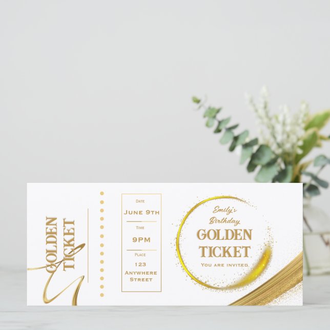 Carte Plat Golden Ticket White and Gold Invitation (Debout devant)