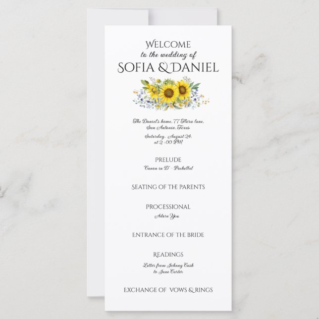 Carte Plat mariage rustique couleur Tournesol (Devant)