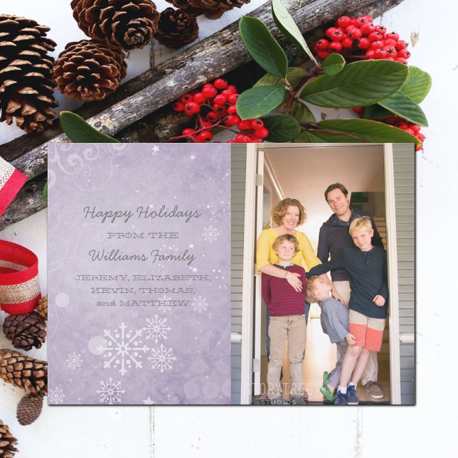 Carte Plat Photo de Fête Purple Flake (Purple Snowflake Swirls Holiday Photo Card)
