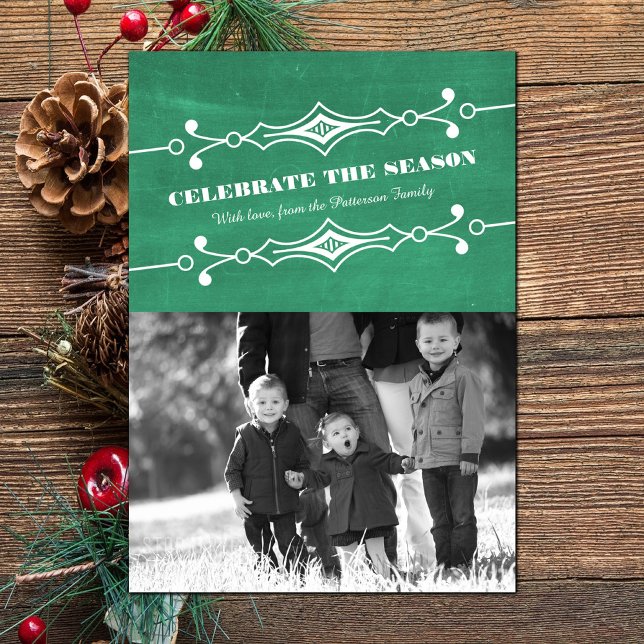 Carte Plat photo Green Slated Chalkboard (Green Slanted Chalkboard Holiday Photo Card)