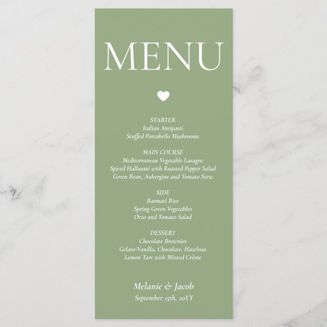 Carte Plat Sage Green Minimalist Mariage Menu (Devant)