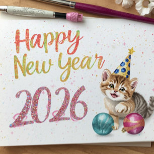 Carte plate à souhait de Nouvel An avec chat drôle