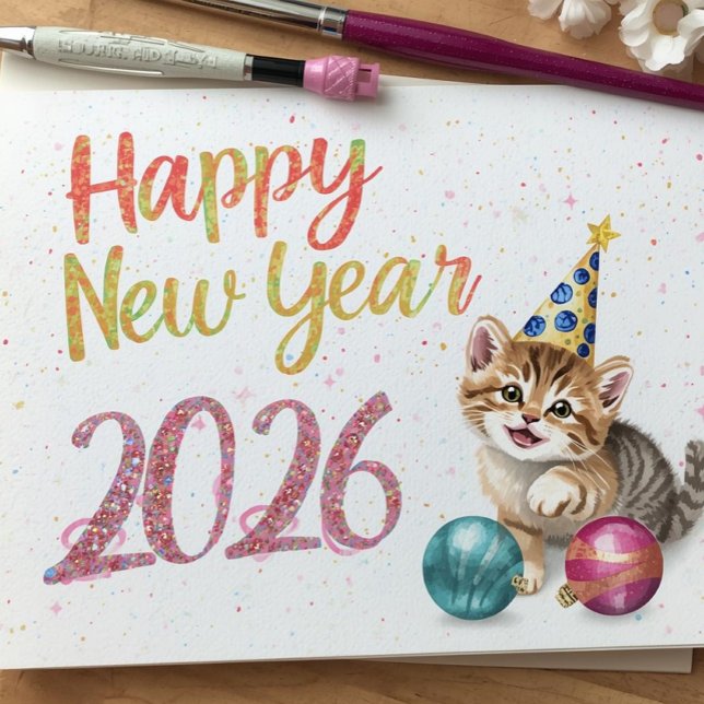 Carte plate à souhait de Nouvel An avec chat drôle (Créateur téléchargé)