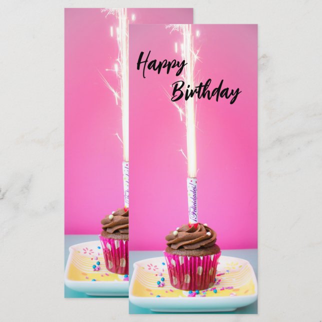 Carte plate anniversaire rose – Thème gâteau et bo (Devant / Derrière)