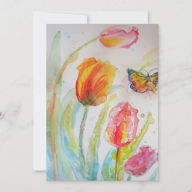 Carte plate aquarelle papillon tulipe coloré (Devant)