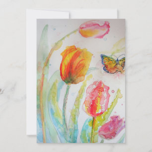 Carte plate aquarelle papillon tulipe coloré