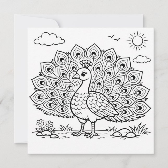 Carte plate de coloriage d'oiseau Paon (Devant)