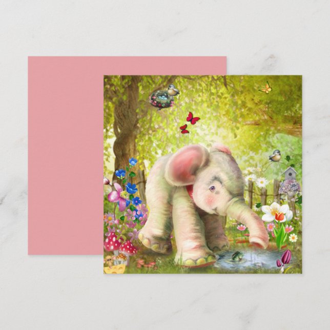 Carte plate de fantaisie éléphant bébé (Devant / Derrière)