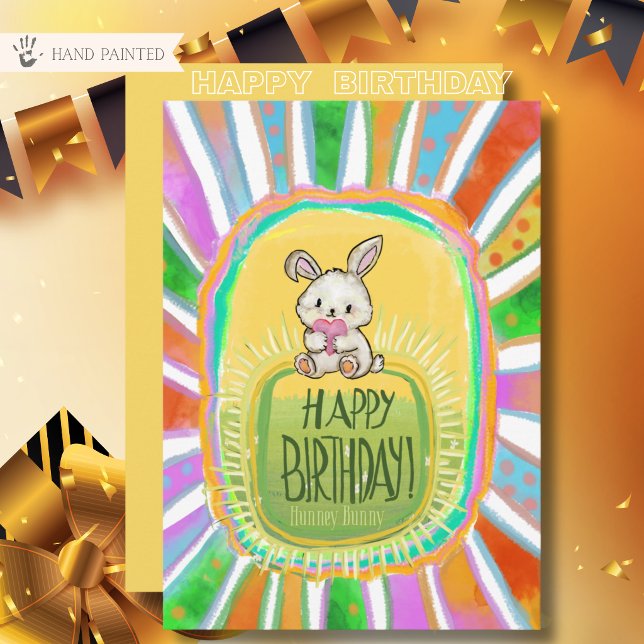 Carte plate de fête d'anniversaire pour enfants La (Whimsical Bunny Sunburst Kids Birthday Flat Card)