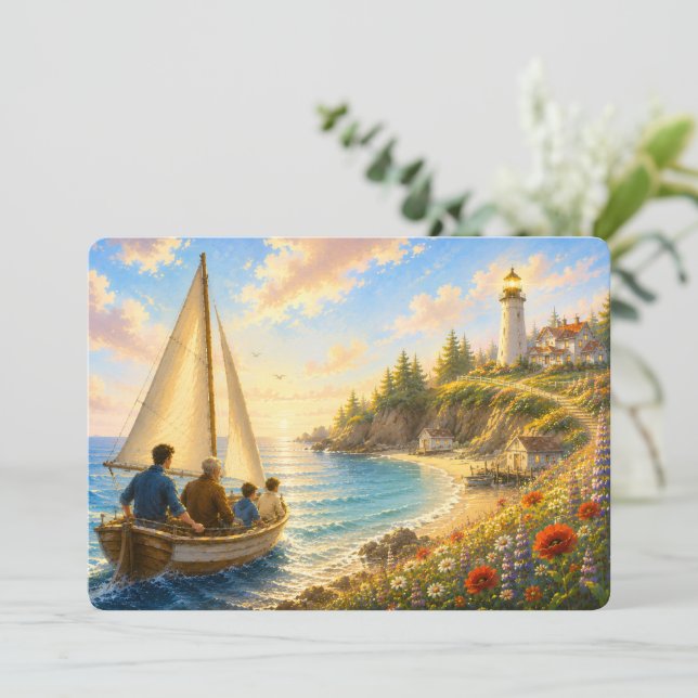 Carte plate de la fête des pères avec phare côtier (Debout devant)