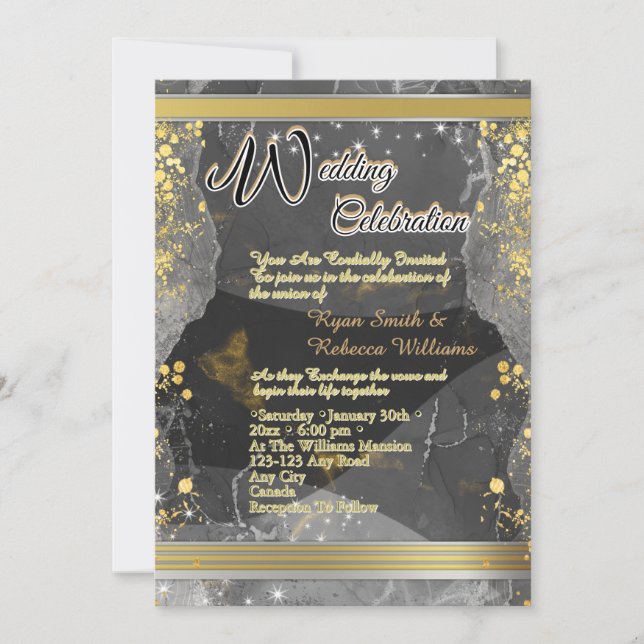 Carte plate de mariage noir et or marbré (Devant)
