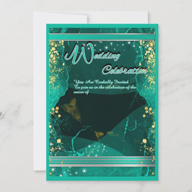 Carte plate de mariage Vert & Or Marbré (Devant)