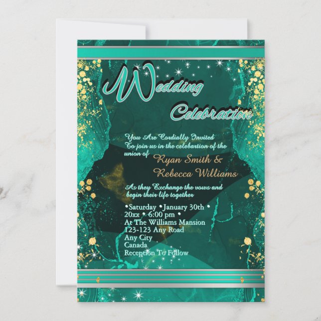 Carte plate de mariage Vert & Or Marbré (Devant)