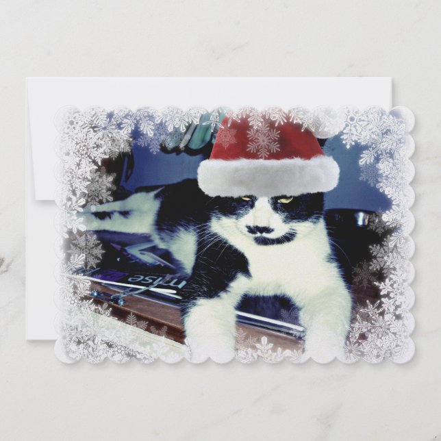 Carte plate de Noël avec chat smoking et chapeau d (Devant)