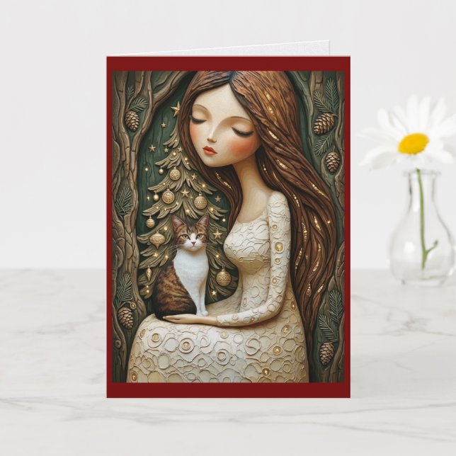 Carte plate de Noël fantaisiste avec chat et fée d (Petite plante)