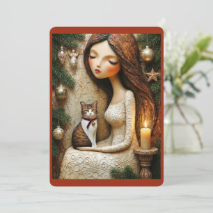 Carte plate de Noël fantaisiste avec chat et fée d