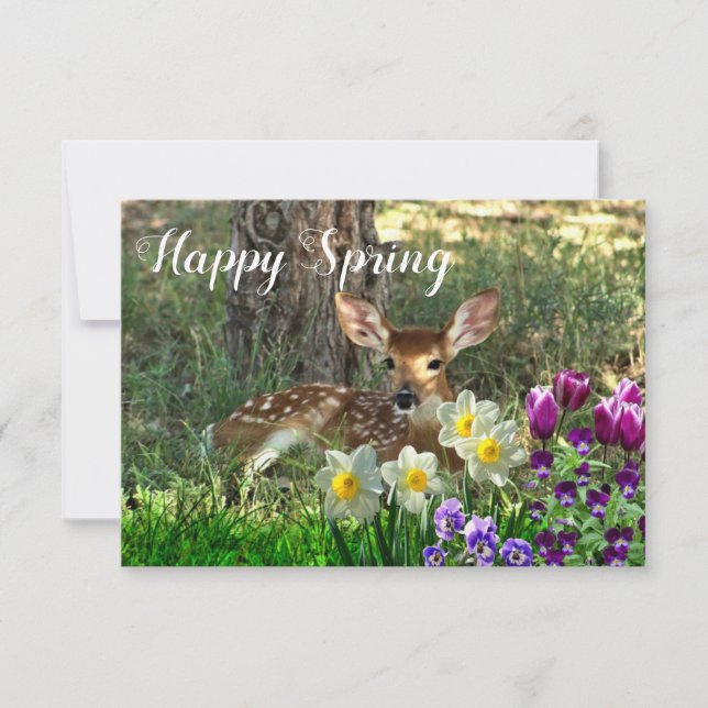 Carte plate de printemps joyeux avec cerf et tulip (Devant)