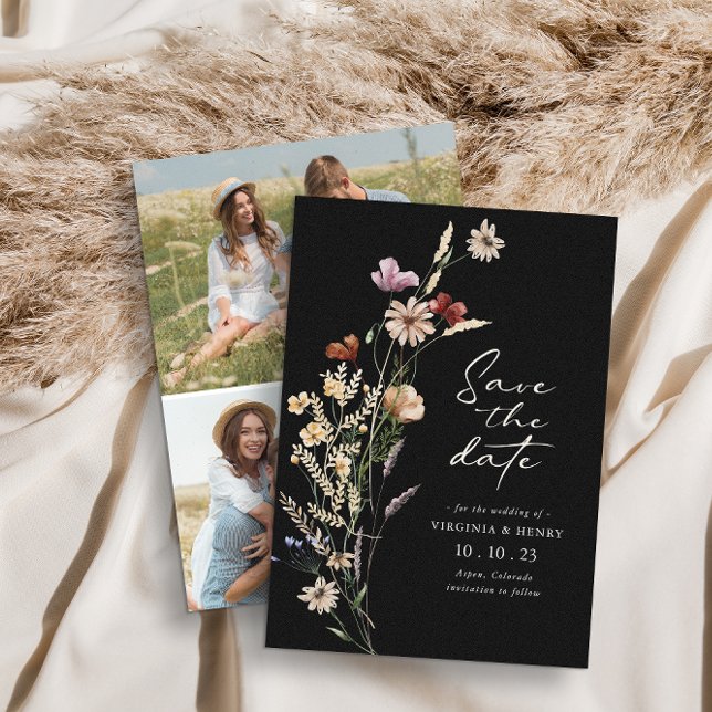Carte plate de rappel à sauver Boho Photo Noir (Black Wildflowers Photo Boho Save The Date Flat Card by Painted Paperie
)