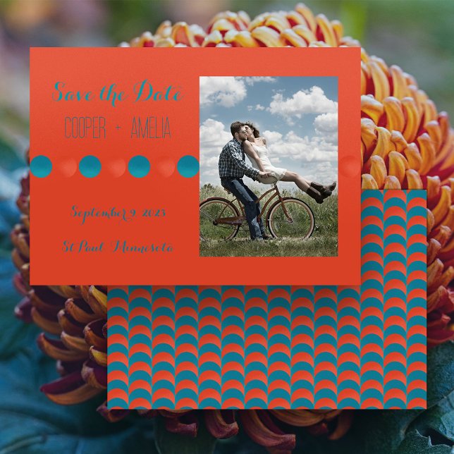 Carte plate de rappel de date de sauvegarde orange (Burnt Orange and Teal Save the Date horizontal flat card with your photo)