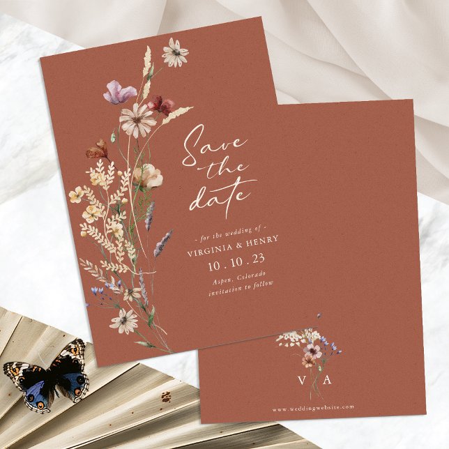 Carte plate de rappel Terracotta Boho (Terracotta Boho Wildflower Save The Date Flat Card Monogrammed by Painted Paperie
)