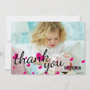 Carte plate de remerciement photo avec coeurs rose