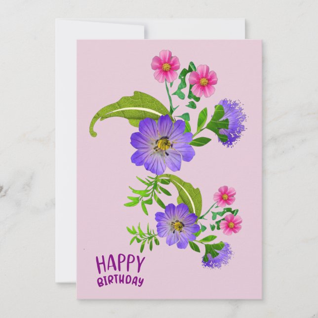 Carte plate de vœux d'anniversaire floraux (Devant)