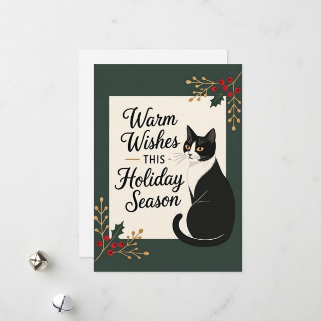 Carte plate de vœux de Noël pour chat aux souhaits (Devant/Arrière en situation)