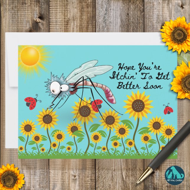 Carte plate drôle de moustique pour un prompt réta (A mosquito delivering smiles instead of itchy bites. 🦟💛 Get well soon!)
