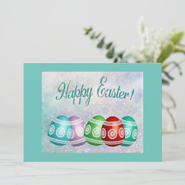 Carte plate Joyeuses Pâques Œufs colorés  (Debout devant)