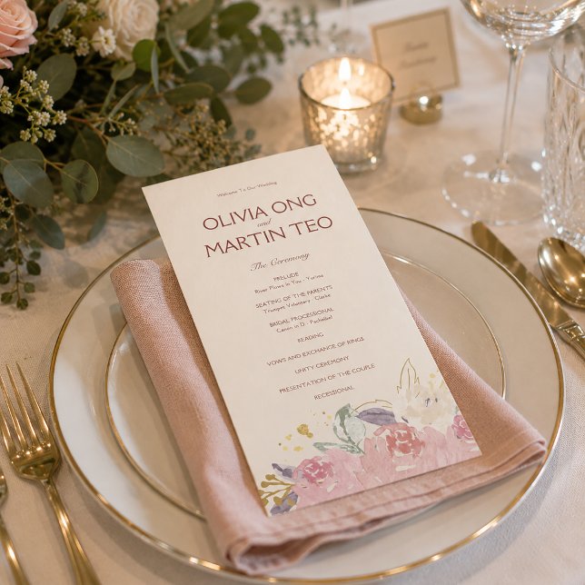 Carte plate Programme de mariage élégant avec moti (Elegant Floral Wedding Ceremony Program for Romantic Reception Table Styling)