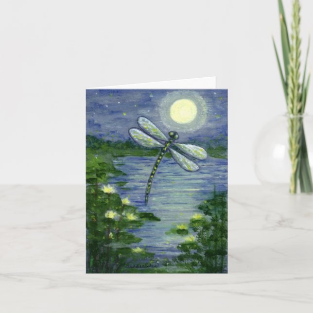 Carte Pleine lune Dragonfly Pond Nénuphar Art Note Card (Devant)