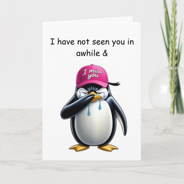 Carte Pleurant pingouin vêtu Tu me manques casquette ros (Devant)