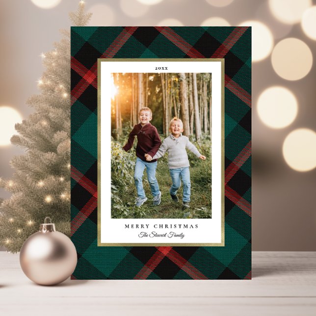 Carte Pliage rouge et vert Plaid Photo de Noël (Folded Red and Green Plaid Christmas Photo Card)