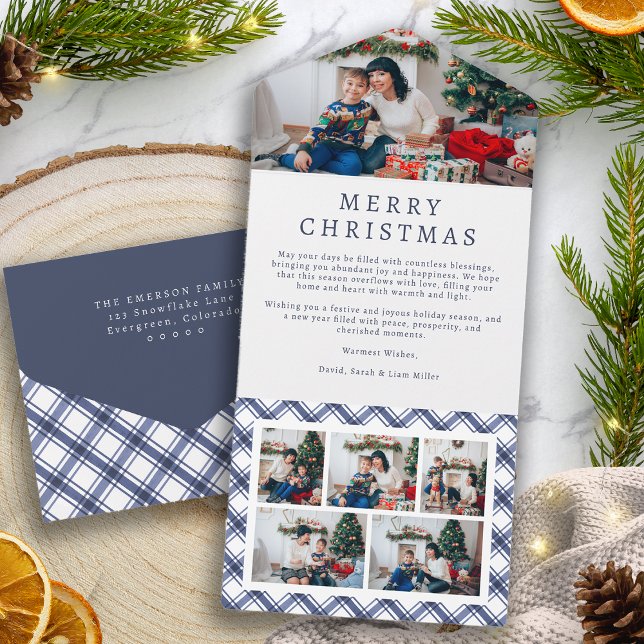 Carte Pliante Triple à Thème de Vacances à Carreau (Blue Plaid Holiday Trifold Card
)
