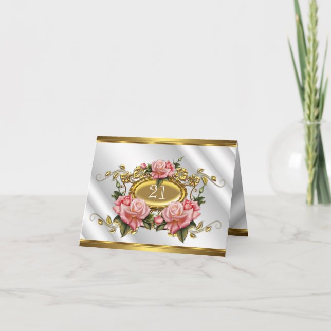 Carte pliée 21e Anniversaire Rose Or Rose Blanc 3 (Devant)