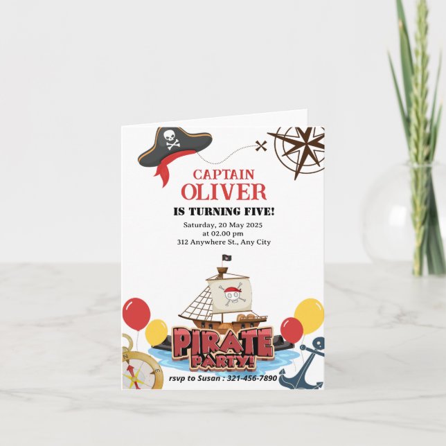Carte pliée d'anniversaire de bateau de mer pirate (Devant)