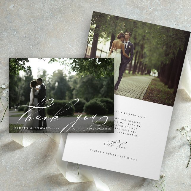 Carte pliée de Merci Mariage photo Chic Script 2 (Front & Inside)