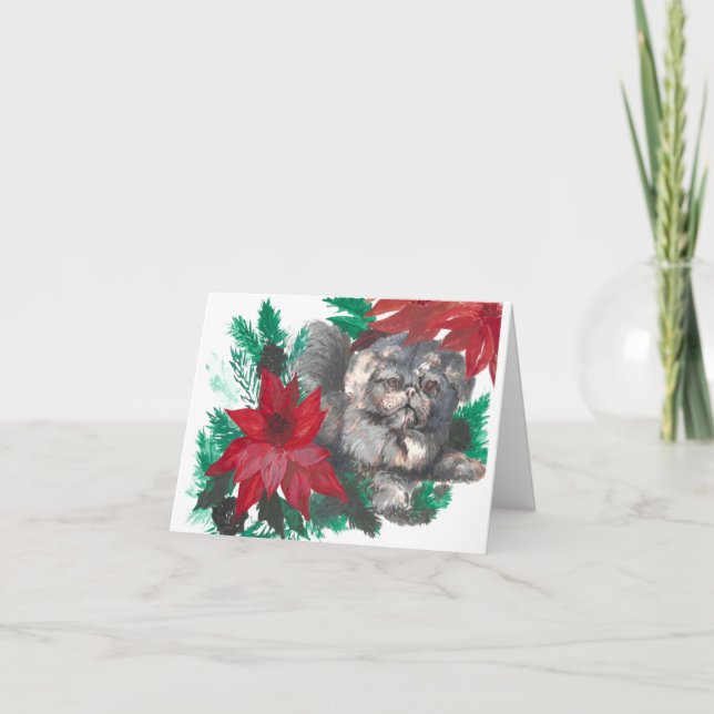 Carte pliée de Noël Poinsettia Chiot (Devant)