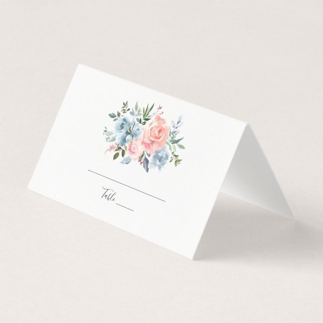Carte pliée de table avec roses rose floral et ble (Front)
