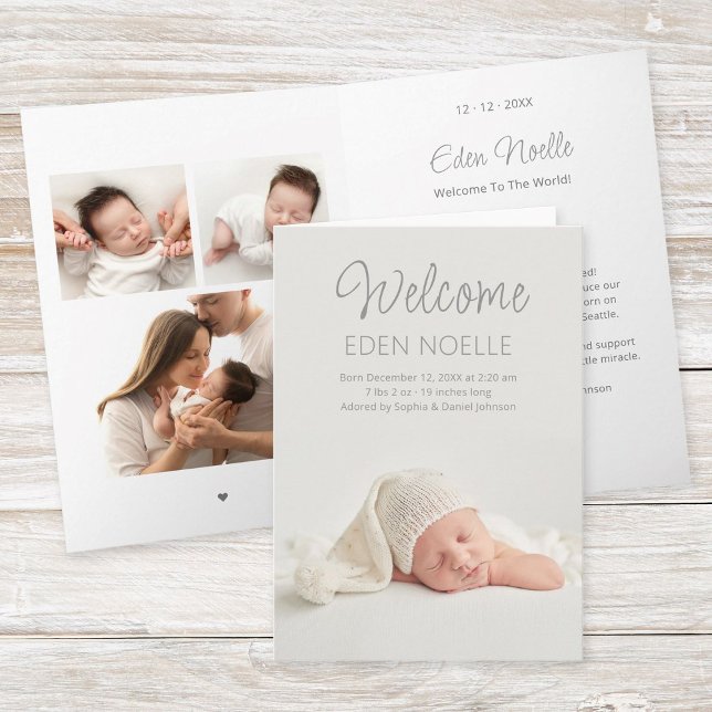 Carte pliée Faire-part de naissance de bienvenue m (Folded birth announcement card with 3 photo collage and text for family and friends inside in gray.)