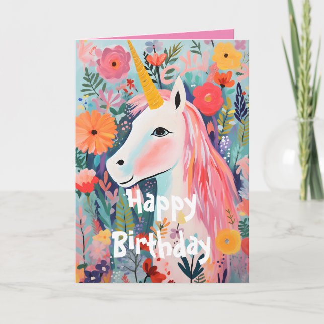 Carte pliée Fleurie Licorne Rose en Fleurs (Devant)