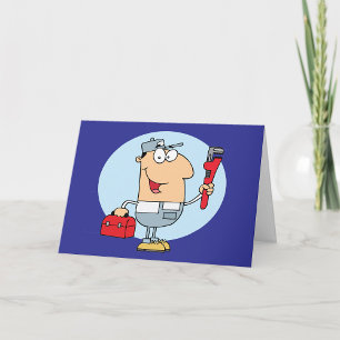 Carte Plombier de dessin animé tenant une clé à tuyau et