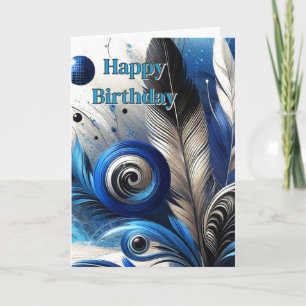 Carte Plumes Bleues Art Abstrait IA Joyeux Anniversaire