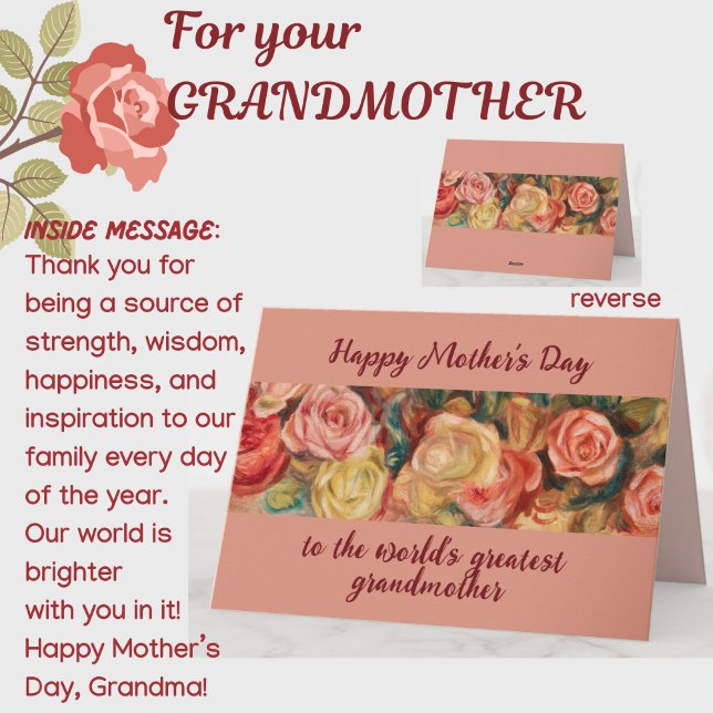 Carte 'Plus Grande Grand-Mère' Fleurs de Roses pour la F (A beautiful floral roses Mother's Day card for your special grandmother! All text customizable.)